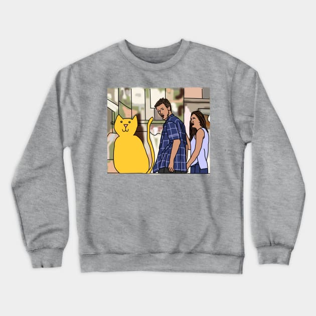 Distracted Boyfriend Meme Yellow Cat Crewneck Sweatshirt by ellenhenryart